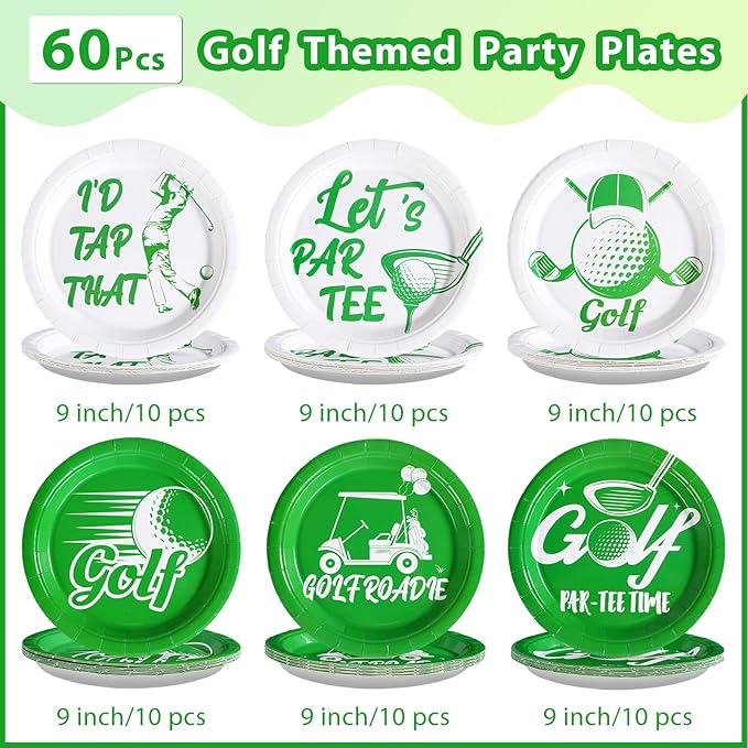 Grencian 60Pcs Golf Party Paper Plates 9" Disposable Heavy Duty White and Green Golf Symbol Dessert Paper Plates Let’s Par-Tee Birthday Tableware Set for Par-Tee Kids Birthday Sports Party Supplies