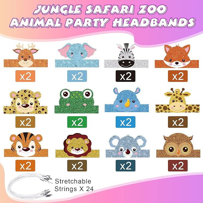 24 Pcs Animal Birthday Party Hats Animal Headbands Jungle Safari Animal Paper Party Crown for Girls Kids (Jungle Animal)