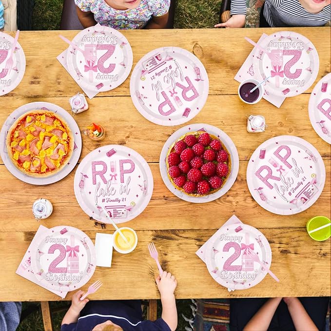 96Pcs Happy 21st Birthday Decorations Young Cheers to 21 Years Plates and Napkins Rip Fake Id Finally 21 Birthday Decoration Favors for Girls 21 Years Old Bday Party Supplies Serves 24