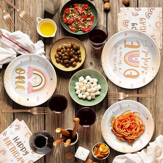 96Pcs Boho Rainbow 1st Birthday Decorations Isn't She Onederful Plates and Napkins Tableware Set Boho First Birthday Party Supplies for Onederful 1st Birthday Girl One Year Old Birthday Decor Serves24