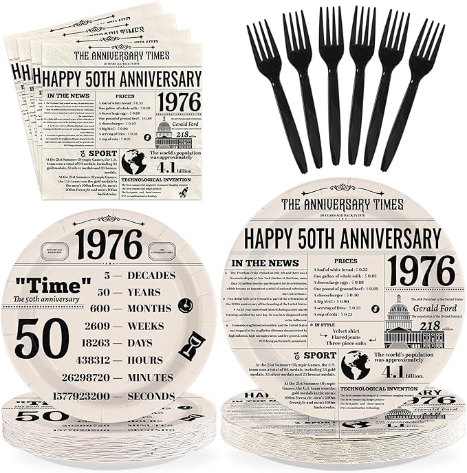 96Pcs 50th Anniversary Party Decor Vintage Back in 1976 Plates and Napkins Black White 50th Disposable Paper Tableware Set for Men Women Wedding Anniversary Birthday Party Supplies Serves 24