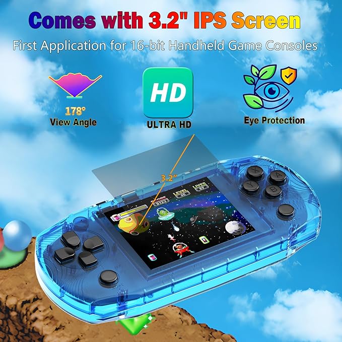 16 Bit 3.2" IPS Large Screen Handheld Game Console for Kids Preloaded 100 Retro Video Games, Portable Gaming System Rechargeable Battery, Mini Travel Electronic Toy Gifts for Boys Girls (Blue)