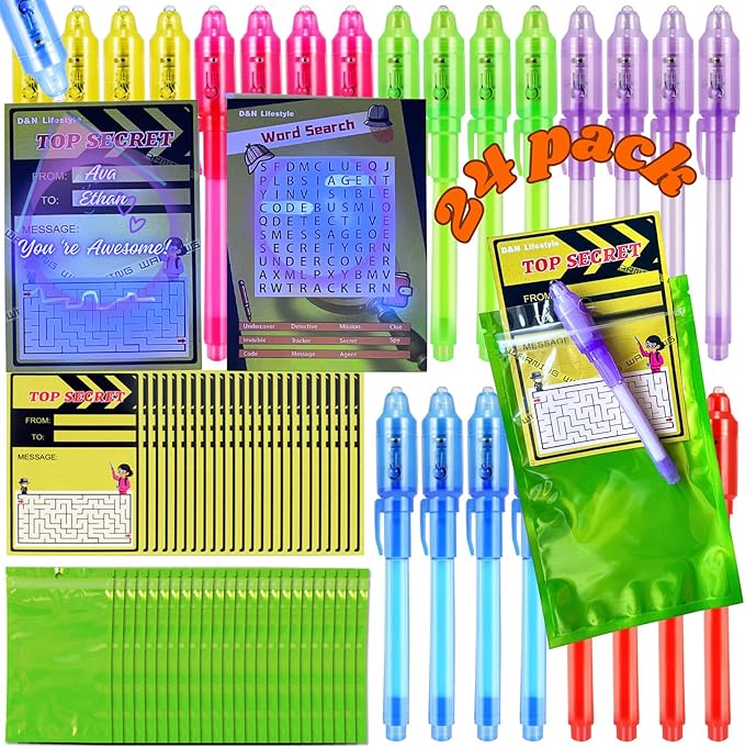 D&N Lifestyle Invisible Ink Pens for Kids, 24-Pack UV Secret Message Pens with Word Search & Maze Cards + Gift Bags, Valentine’s Day Party Favors & Classroom Gifts, Birthday Activities