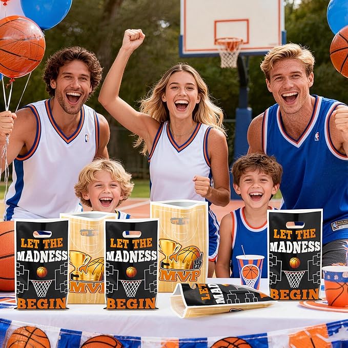 Basketball Party Favor Bags - 50Pcs Plastic March Madness Candy Treat Gift Bags with Handles Match Party Decoration Snack Goodie Bag Birthday Sport Theme Party Supplies for Basketball Lovers