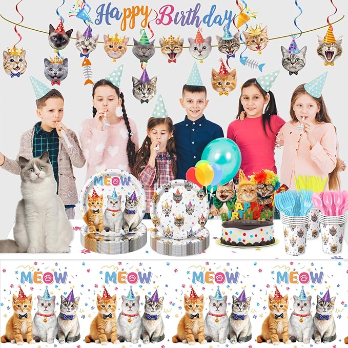 170PCS Cat Birthday Decorations Cat Birthday Party Supplies - Includes Plates, Napkins, Cups, Cutlery, Banner, Hanging Swirl for Cat Birthday Party Decorations, Serves 24