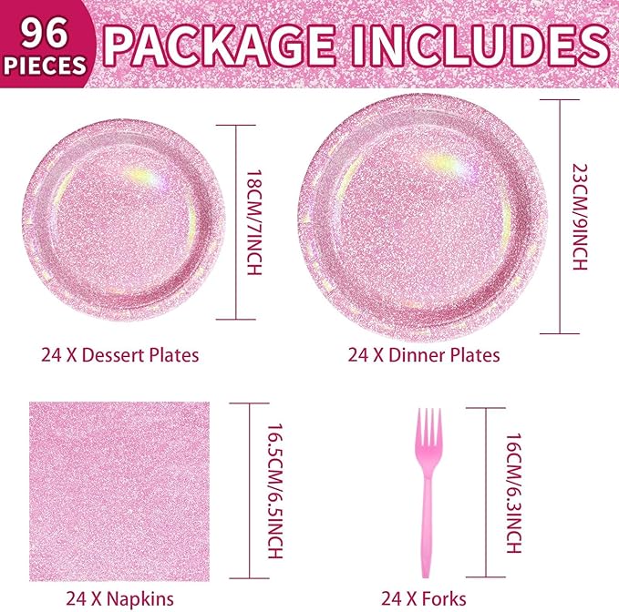Grencian 96Pcs Pink Pastel Party Supplies Light Pink and White Plates and Napkins Tableware Set Rainbow Birthday Decorations for Girls Women Sprinkle Bride Shower Wedding Anniversary Party Serves 24