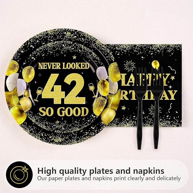 96Pcs 42nd Birthday Party Decorations 42 Never Looked So Good Gold Paper Plates and Napkins Tableware Set Black Gold 1983 Theme Decor for Men Women Cheers to 42 Years Old Party Supplies Serves 24