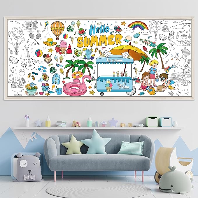 OHOME Summer Giant Coloring Poster/Tablecloth - Summer Decorations - 30 x 72 Inches Jumbo Paper Coloring Banner - Kids Crafts Gifts Toys Games Ice Cream Party Decorations - Arts Crafts Supplies
