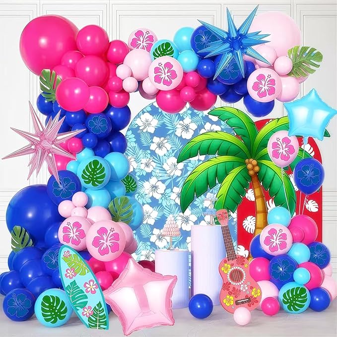 141 PCS Blue Pink Light Blue Balloon Garland Arch Kit, Hawaiian Cute Print Balloons for Cartoon Themed Birthday Party Decorations Boys Girls Gatherings Party Supplies
