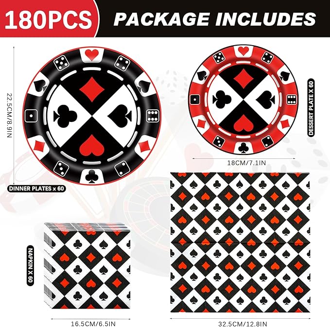 180PCS Casino Party Supplies Serve 60, Poker Party Paper Plates and Napkins Kit for Casino Night Poker Club Birthday Party Decorations, Includes Dinner Plates, Dessert Plates, Napkins