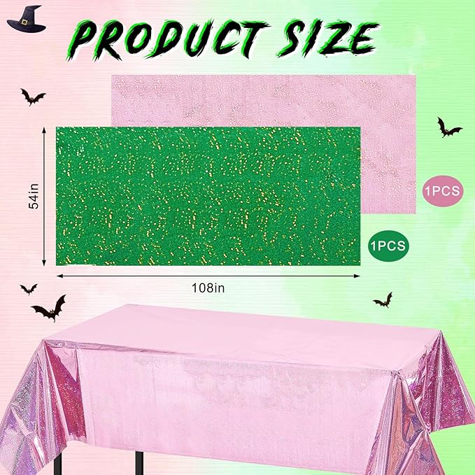 2 Pcs Witch Holographic Tablecloth for Birthday Party Pink and Green 54" x 108" Witch and Princess Themed Decoration Shimmer Iridescent Metallic Plastic Glitter Laser Rectangular Table Covers