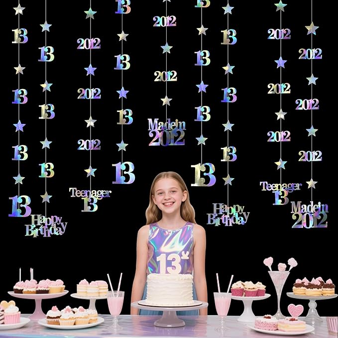 12PCS Iridescent 13th Birthday Decorations Number 13 and 2012 Star Garland Hanging Streamer Banner Backdrop for Girls Cheers to 13 Years Old Birthday Made in 2012 Official Teenager Party Supplies