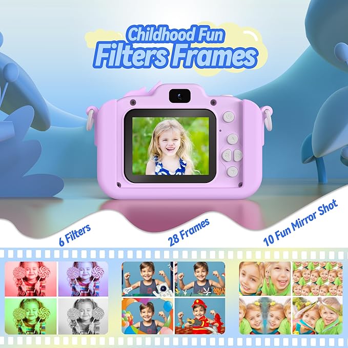 Kids Camera Toys for 3-8 Year Old Girls Boys, Children Digital Video Camcorder Camera with Cartoon Soft Cover, Chritmas Birthday Festival Gift for Kids - 32G SD Card and Card Reader (Purple)