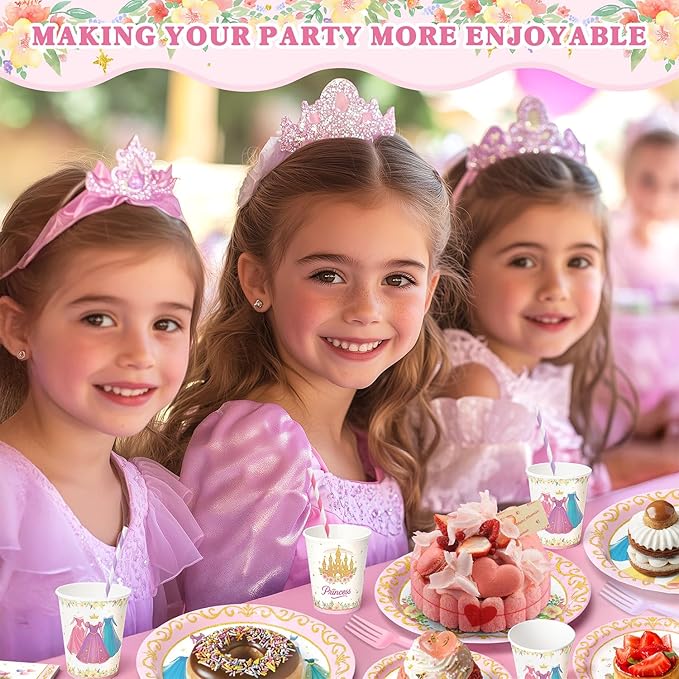 300 Pcs Princess Paper Plates Napkins, Birthday Party Supplies Include Forks Cups Straws, Summer Party Tableware Set for Kids, Serves 50 Guests