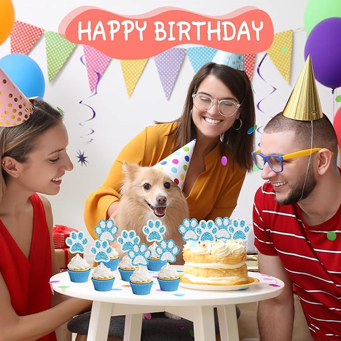 36 Pcs Paw Cupcake Toppers Glitter Dog Paw Cake Decorations Blue White Glitter Puppy Cupcake Toppers for Baby Shower Boys Girls Birthday Party Cake Supplies (2 Styles)