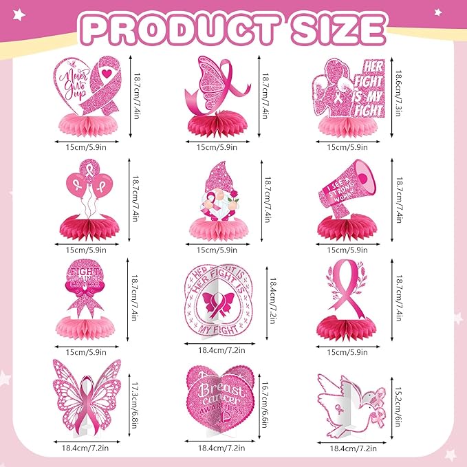 Pickmesh 12 Pieces Breast Cancer Awareness Party Decoration Honeycomb Centerpieces Breast Cancer Table Decoration Pink Ribbon Butterfly Heart Gnome Balloon Table Topper for Home Party Favors Supplies
