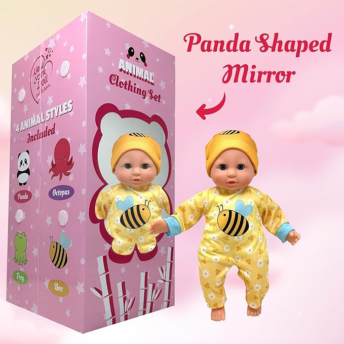 Soft Body Baby Doll with Accessories & 4 Sets of Animal Outfits, Realistic Baby Doll with Clothes & Toys, 14 Inch Doll Play Set Wardrobe Closet, Baby Dolls for Girls, Kids Gift for 3 4 5 Year Old