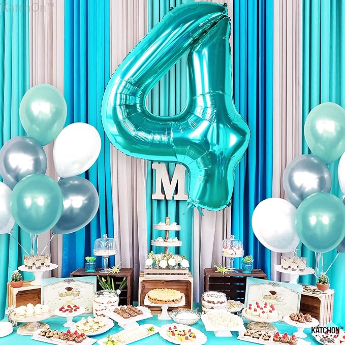 KatchOn, Giant Aqua Blue Number 4 Balloon - 40 Inch | Mermaid Number 4 Balloon for Birthdays | 4th Birthday Balloons, Mermaid Birthday Decorations | Teal 4 Balloon for Aqua Blue Party Decorations