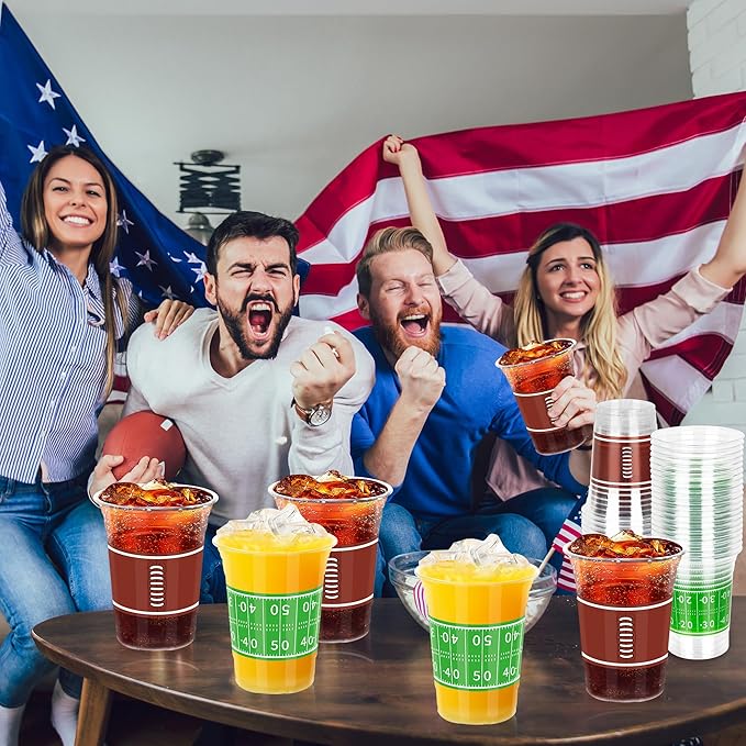100 PCS Football Plastic Cups, 16 OZ Plastic Cups, Brown Green Accessories Bulk, Disposable Cold Hot Drink Container for Football Party Supplies Touchdown Birthday Party Decorations, Decor