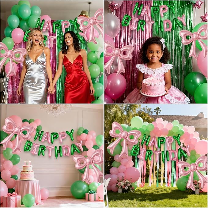 Pink and Green Happy Birthday Balloons, 31”Huge Pink Bow Aluminum Foil Balloons for Girl Woman Birthday Princess Bachelorette Witch Party Decorations Supplies
