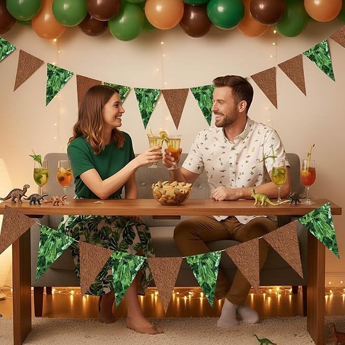 HESTYA 5 Pieces 49 Feet Dinosaur Pennant Banner Jurassic Party Decoration Forest Path Dinosaur Triangle Flags Bunting Banners for Woodland Dino Jungle Birthday Party Decor Indoor Outdoor Supplies