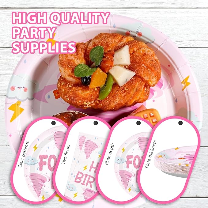 96 Pcs Fournado Birthday Party Decorations for Girl Pink Tornado 4th Birthday Plates and Napkins Tableware Set Four Nado Party Decor for Girls 4 Year Old Tornado Theme Baby Shower Supplies Serves 24