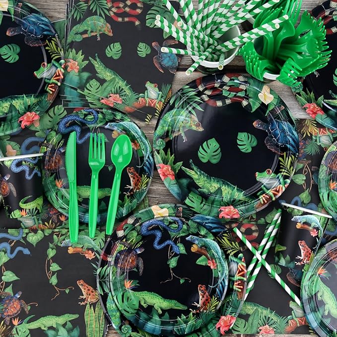 KEFAN Reptile Party Decorations, Wildlife Lizards Snakes Crocodiles Party Tableware Supplies including HAPPY BIRTHDAY Banner, Plates, Cups, Napkins, Tablecloth, Balloons-Serves 20