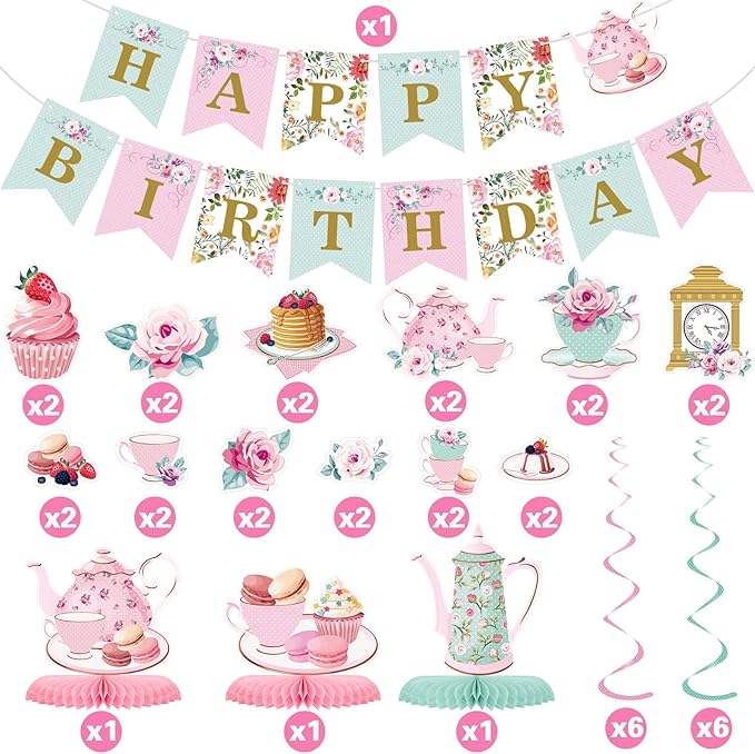 Zonon 40 Pcs Tea Party Birthday Decoration Set with Happy Birthday Banner, Cupcake Toppers, Table Centerpieces, Hanging Swirls Tea Party Supplies for Women Spring Floral Hanging Decor for Baby Shower
