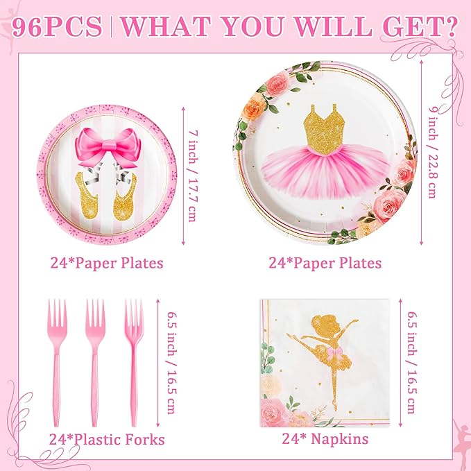 96Pcs Ballerina Ballet Dancing Girl Party Plates Supplies Tableware Decorations Disposable Paper Plates Napkins Forks for Kids Birthday Baby Shower, Serves 24