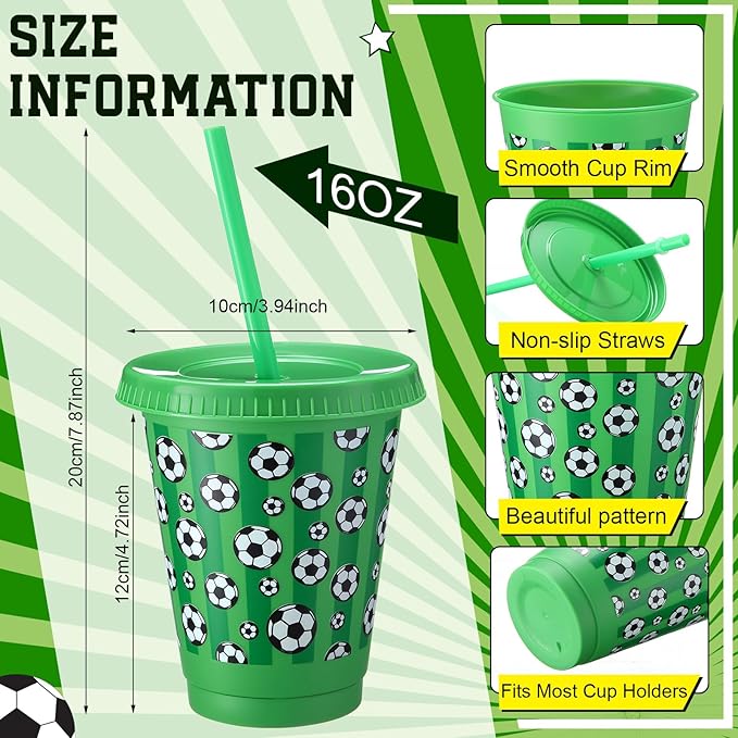 Sieral 30 Pcs Soccer Cups with Straws and Lids 16 oz Football Cups White Green Plastic Tumblers Reusable Iced Coffee Travel Mug for Sport Theme Party Supplies Decorations