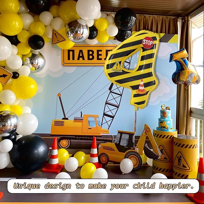 40 Inch Giant Construction Theme Number Balloons - Large Number 4 Balloons Yellow and Black Striped for Kids' Construction Birthday Anniversary Party Decorations Supplies Number 2-4 Balloon