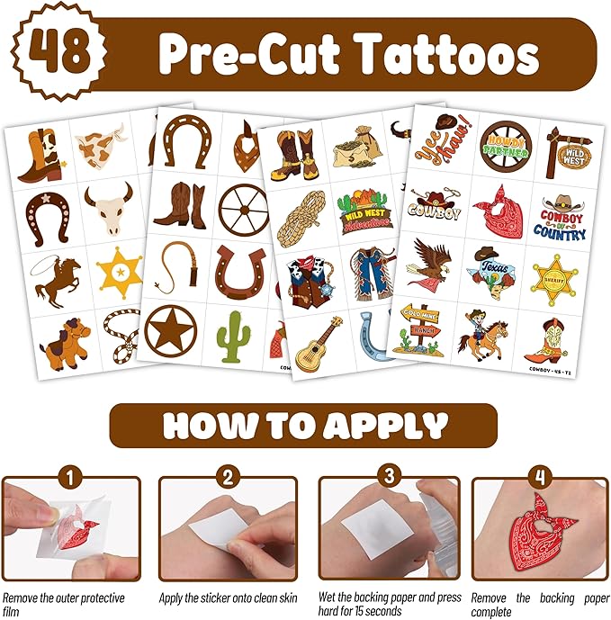 72PCS Cowboy Party Favors for Kids - 24 Slap Bracelets & 48 Pre-Cut Temporary Tattoos, Western Rodeo Birthday Party Supplies, Goodie Bag Fillers, Decorations for Boys & Girls