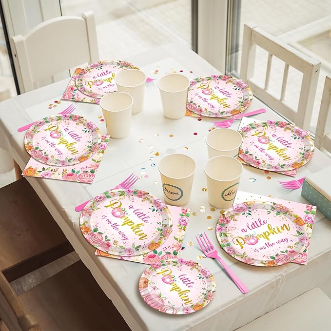 96Pcs Fall Little Pumpkin Baby Shower Plates and Napkins, Autumn A Little Pumpkin is on The Way Party Supplies Decorations Thanksgiving Girl Pink Floral Baby Shower Tableware Kit, Serves 24