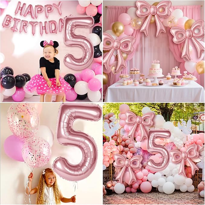 Bow Number 5 Birthday Balloons, 40" Pink Aluminum Foil Balloons Happy Birthday Balloon for Girl 5th Birthday Party, Princess, Coquette Party Decorations Supplies