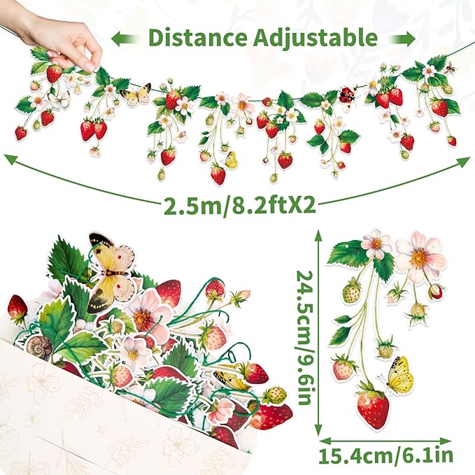 Paper Jazz Strawberry Birthday Banner 2pcs Strawberry Garland Decoration Berry First Theme Birthday Supplies,Strawberry Streamers for Garden Classroom Red and Green Party Decor for Girl