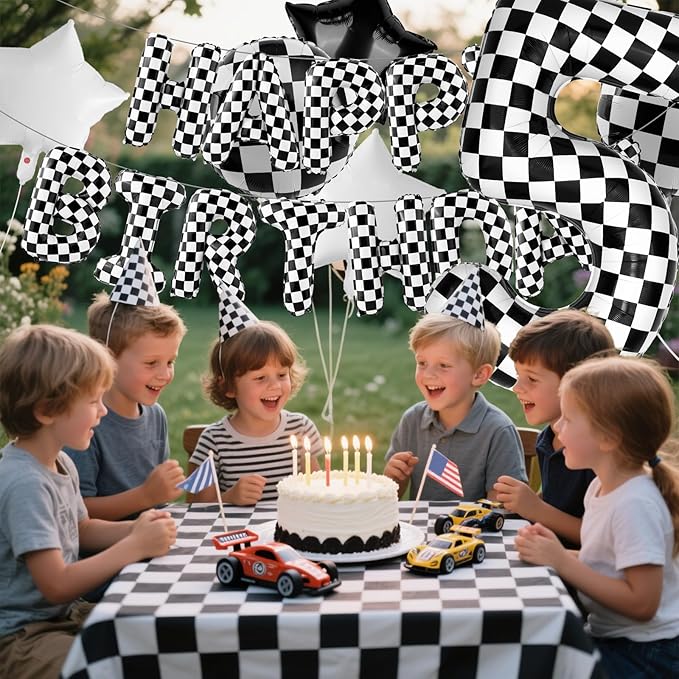 Racing Cars Themed Happy Birthday Banner Party Decorations Set Including 40 Inch Number 5 Foil Balloons, Themed Party Essentials, Checkered Backdrop Supplies for Boys Indoor Outdoor Celebration