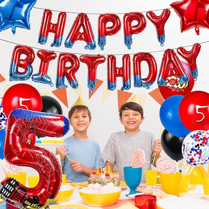 Cartoon Hero 40 Inch Red and Blue Spider Theme Number Foil Birthday Decoration Balloon, Spider Theme Happy Birthday Banner Party Decoration Balloon, Letter Logo Superhero Party Supplies (5)
