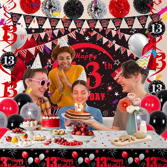13th Birthday Decorations for Boys Girls Red and Black, Happy 13th Birthday Backdrop Banner, 13th Teenager Birthday Balloons Triangle Flag Tablecloth, 13 Year Old Boy Girl Bday Party Supplies