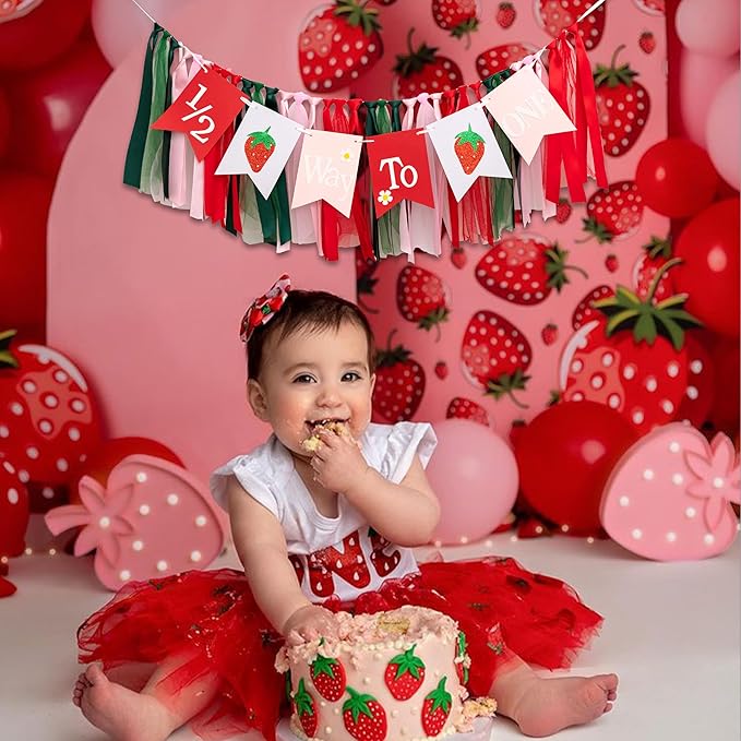 Strawberry 1/2 Way To One High Chair Banner - 6 Months Birthday Party Decorations, Berry Sweet Girl Half Birthday Party Supplies High Chair Banner, Strawberry Sign Baby Shower Party Garland