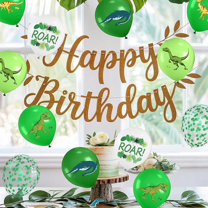 Dinosaur Balloons, 12 Inch Dark Fruit Light Green White Dinosaur Printed Latex Balloons for Boy Dino Birthday Party Decorations Jungle Baby Shower Safari Backdrop