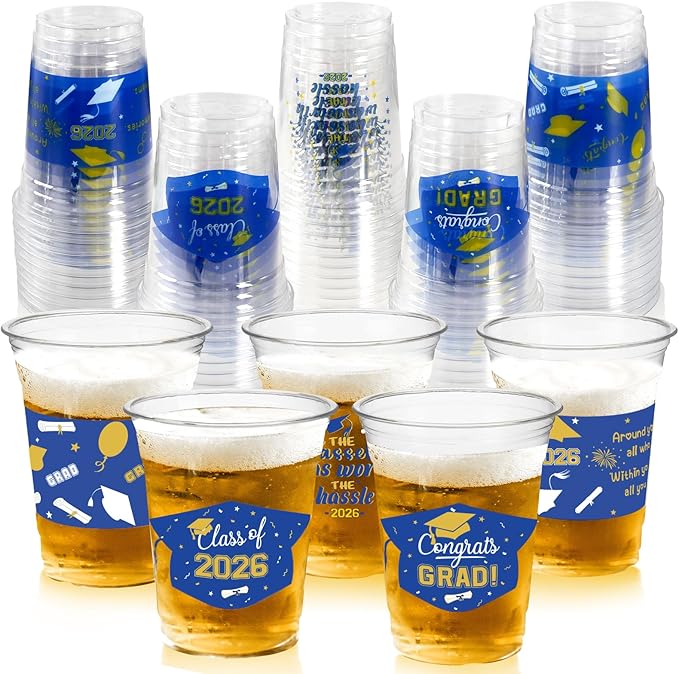 GuassLee Blue and Gold Graduation Decorations 2026 Party Cups - 50pcs 12 Oz Blue Gold Yellow Disposable Graduation Plastic Cups for Drinks Class of 2026 Grad Party Favors Supplies