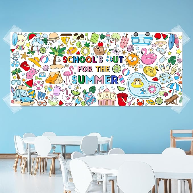 Jumbo End of the School Year Coloring Poster - School’s Out for the Summer DIY Drawing Color-in Paper Blank Art Banner 55.1 x 23.6 Inch Decor, Home Classroom Activity for Kids Party Supplies