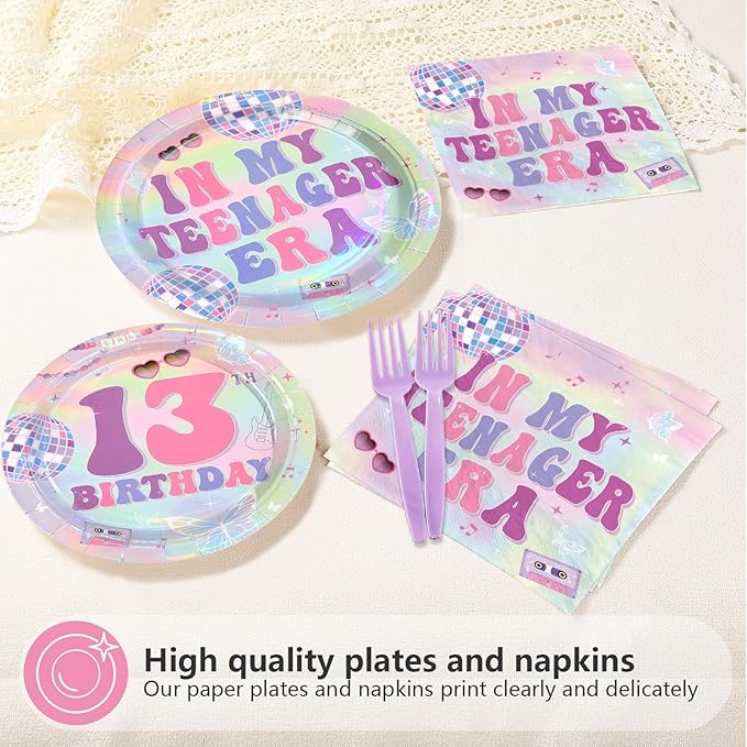 96Pcs In My 13th Birthday Era Party Decorations Era's 13 Birthday Plates and Napkins Set Music Iridescent Disco Decoration for Girls 13 Years Old Music Singer Friendship Bday Party Supplies Serves 24