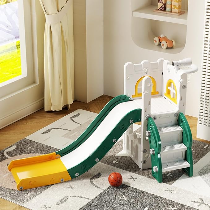 MOCUTEEN 6 in 1 Toddler Slide,Baby Playset for Indoor Outdoor Playground with Basketball Hoop,Storage and Telescope,Climbing Toys for Toddler Playground Playset