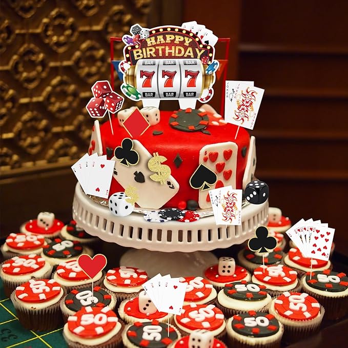 Hooqict 24 Pieces Casino Cake Decorations Set with Mini Toy Slot Machine Poker Casino Cake Toppers & Cupcake Toppers for Las Vegas Casino Night Theme Birthday Party Decorations