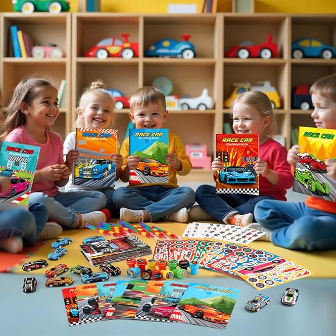 BenLouis 84Pcs Race Car Party Favors Racing Theme Coloring Books Crayons Sticker Set Bulk for Kids Fast Racecar Wheels Birthday Goodie Bag Stuffer Classroom Gifts Rewards Craft Pinata Fillers