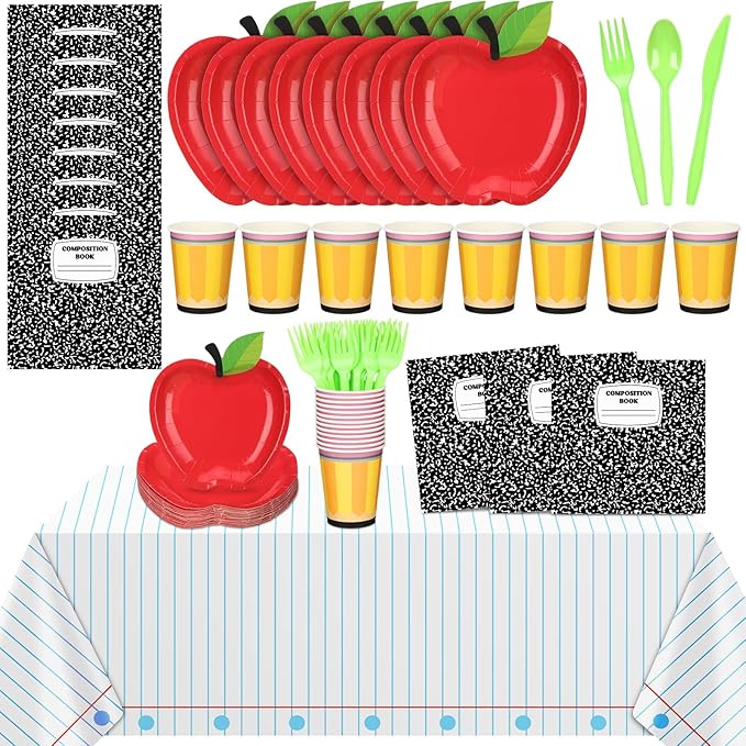 146 Pcs Preschool Kindergarten Graduation Party Decoration Apple Paper Plate Teacher First Day Back to School Party 24 Set Disposable Tableware 2 Notebook Tablecloth for Classroom Pre K Graduation