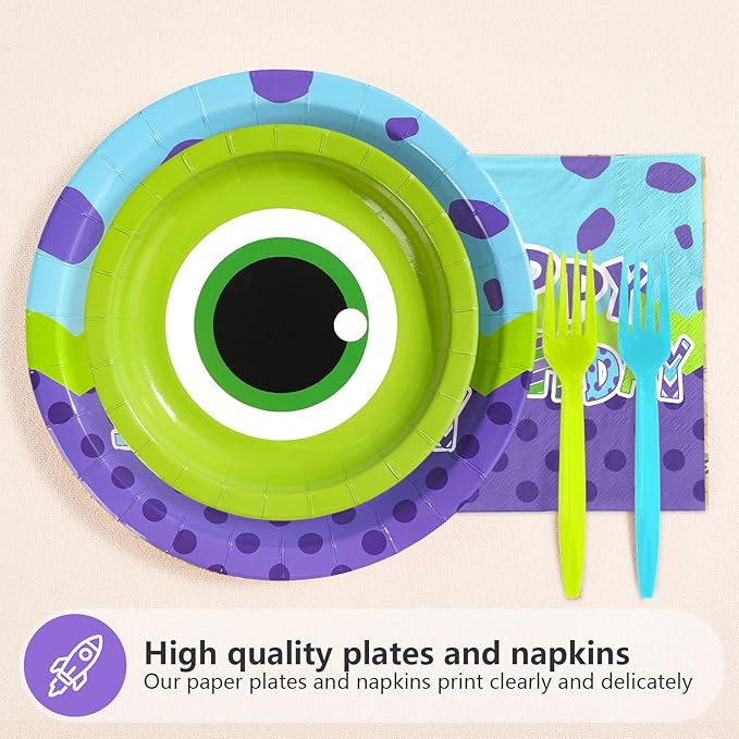 96Pcs Monster Birthday Party Supplies 1st Monster Theme Party Plates and Napkins Disposable Green and Purple Cartoon Tableware Set for Kids 1st Birthday Baby Shower Decorations Serves 24