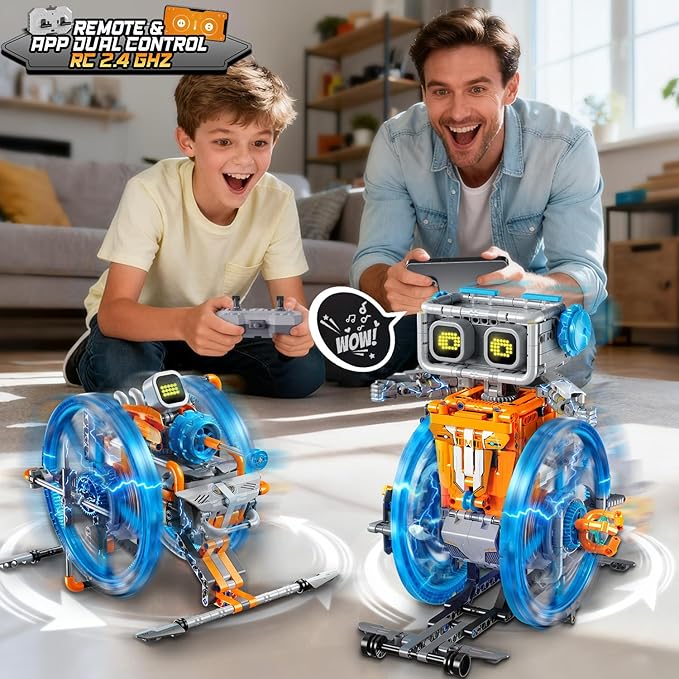RC Robot Toys with Changeable LED Eyes & Sound, App & Remote Control Rechargeable Robotics with Unqiue Wheel Design 5-in-1 Model Kit Gift for Kids Boys Girls Teens Age 12+ Years Old(783 PCS)