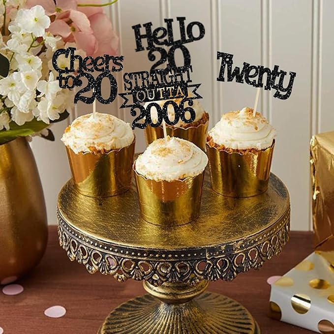 Ephlyn 24Pcs Happy 20th Birthday Cupcake Toppers Glitter Straight Outta 2006 Cupcake Picks Hello 20 Cheers to 20 Years Cake Decorations for 20th Birthday Anniversary Party Decorations Supplies Black